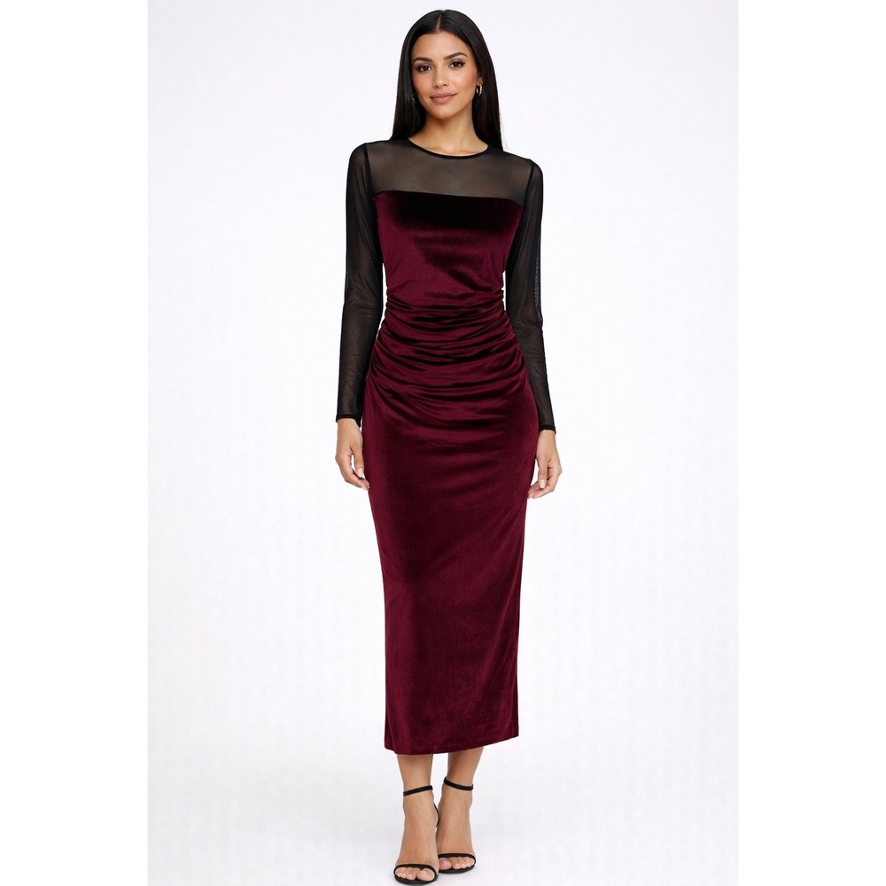 New! Amanda Uprichard Burgundy Velvet‎ Mesh Midi Dress Ruched Long Sleeve Small